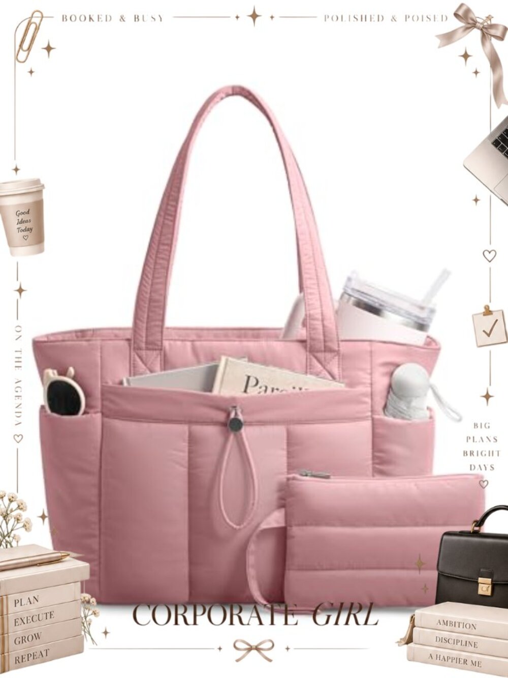 Puffy Tote Bag for Women with Cup Holder Laptop Compartment & Cosmetic Bag